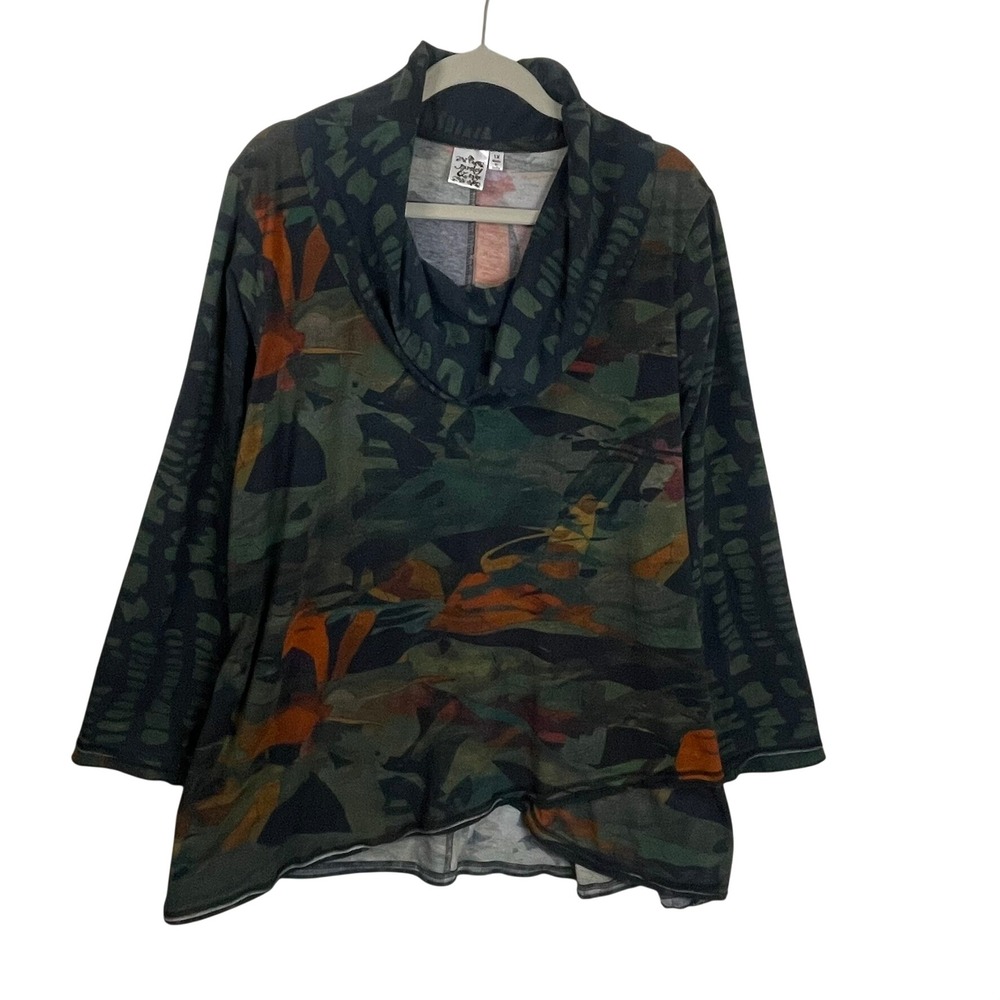 Parsley & Sage Women 1X Abstract Camo Cowl Neck Tulip Hem Tunic Top Green Rust